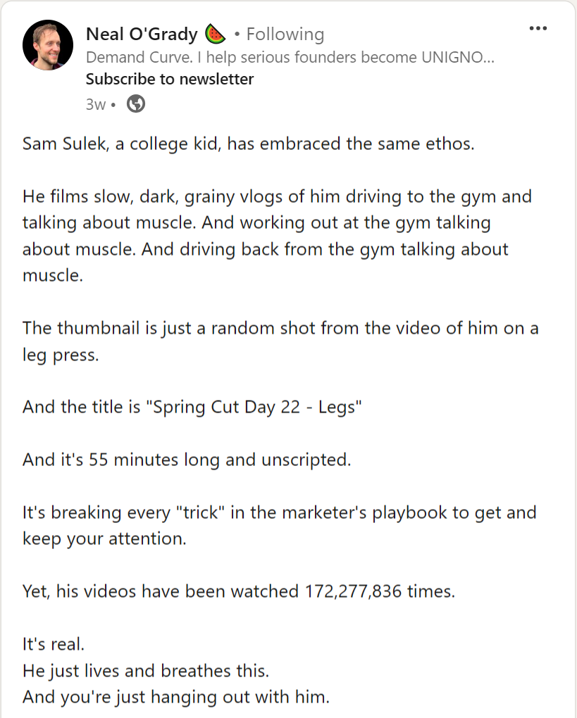 Neal O'Grady on LinkedIn talking about Sam Sulek